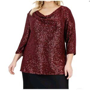 Alex Evenings Women's Size 1X Red Sequined Cowl Neck Blouse Tunic Top Plus 46
